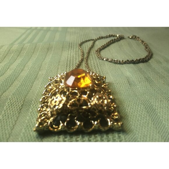 Vint. 80s Silver Tone Necklace Citrine Glass Pendant Accent Stones Some Missing - Picture 6 of 8